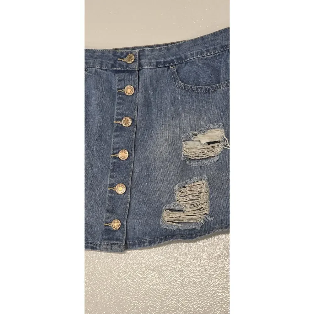 Forever 21 Distressed Denim Mini Skirt Button Front Medium Wash Size Large